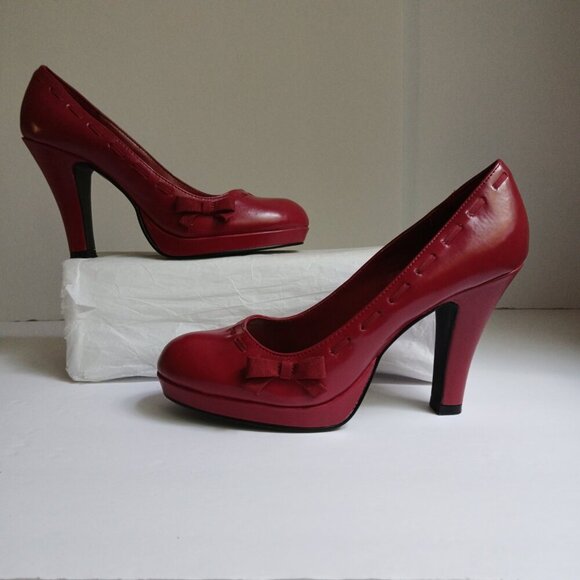 Hot Tomato Red Pleather Round Toe Grosgrain Weave & Bow Detail Pinup Pumps Sz 8 - Picture 5 of 10